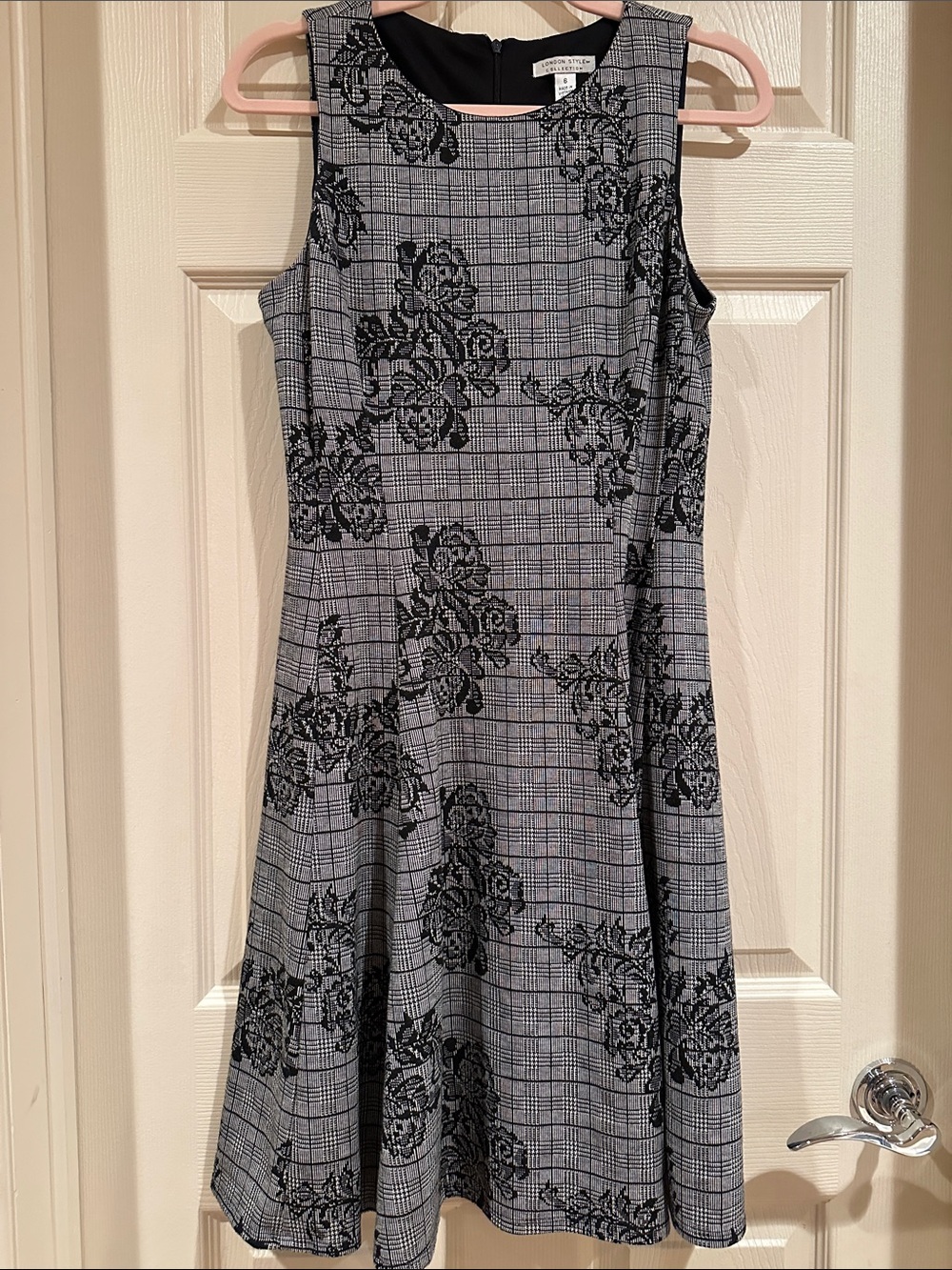 London Style Sleeveless Plaid Dress with Black Floral Overlay
